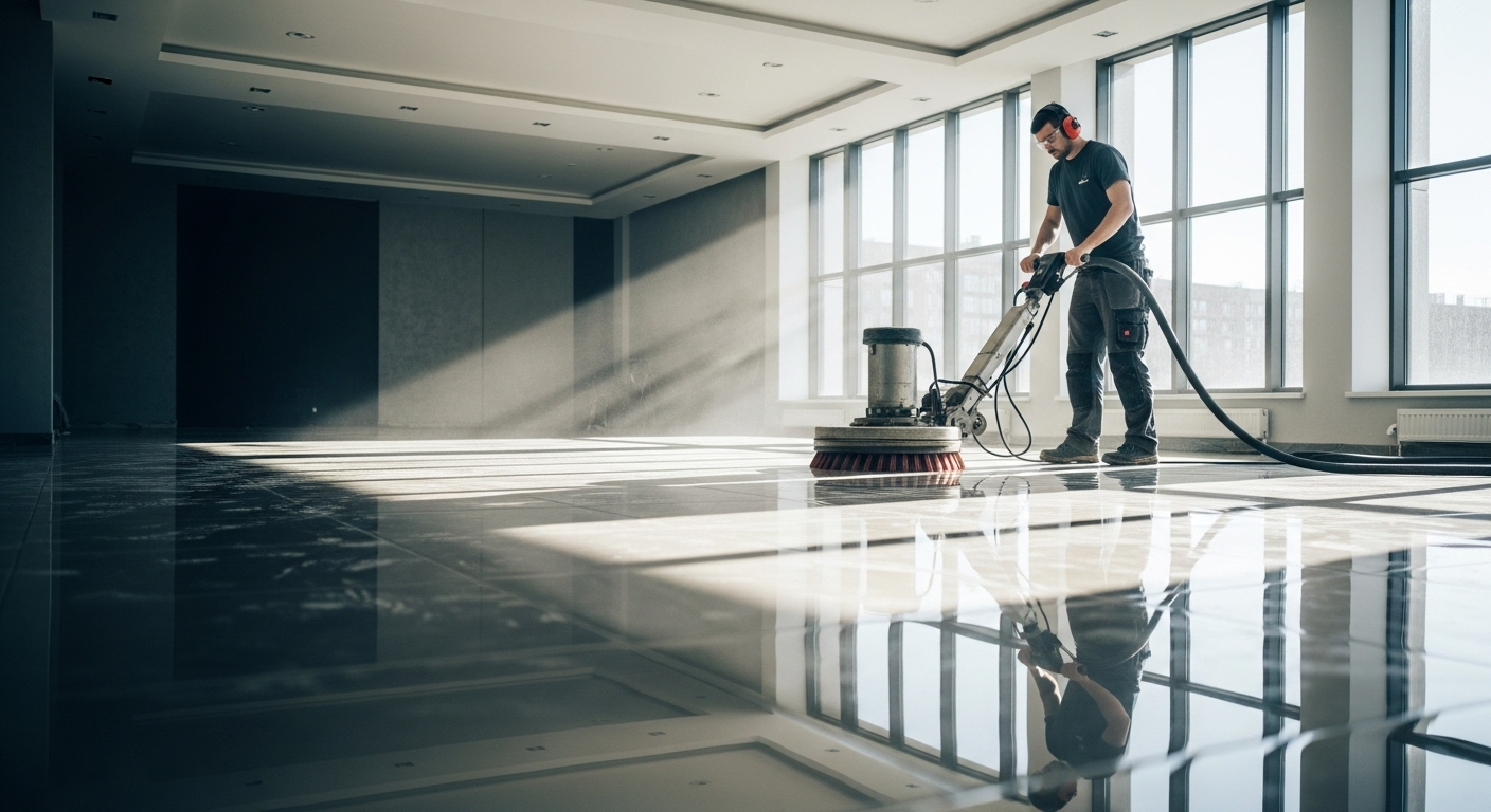 Người thợ đang vận hành máy đánh sàn chuyên dụng, làm sạch và đánh bóng sàn gạch men phản chiếu trong quá trình vệ sinh nhà mới xây xong.