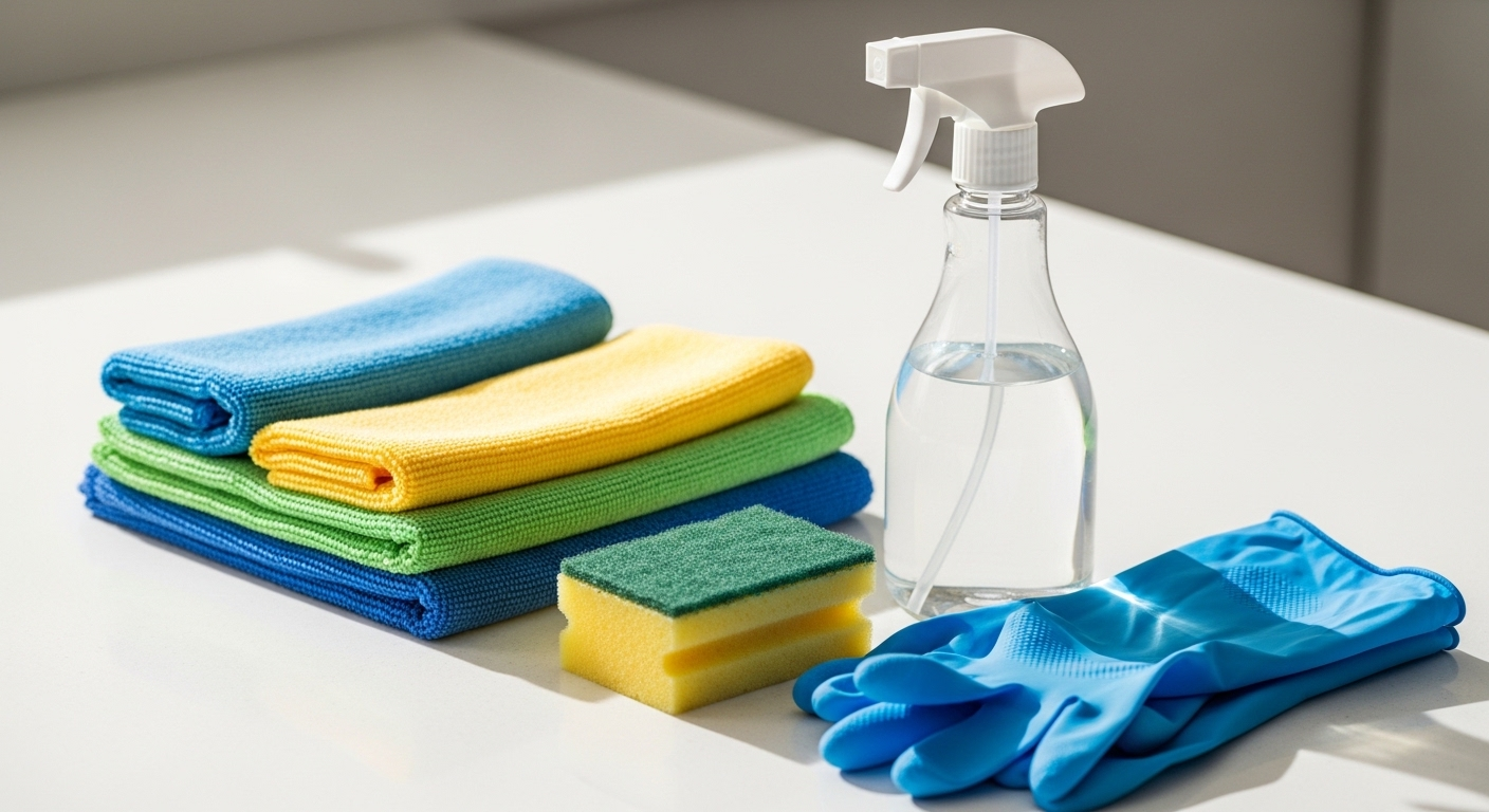 khăn microfiber, miếng bọt biển vàng, bình xịt trong suốt và găng tay cao su xanh, sắp xếp gọn gàng trên mặt bàn sạch sẽ.