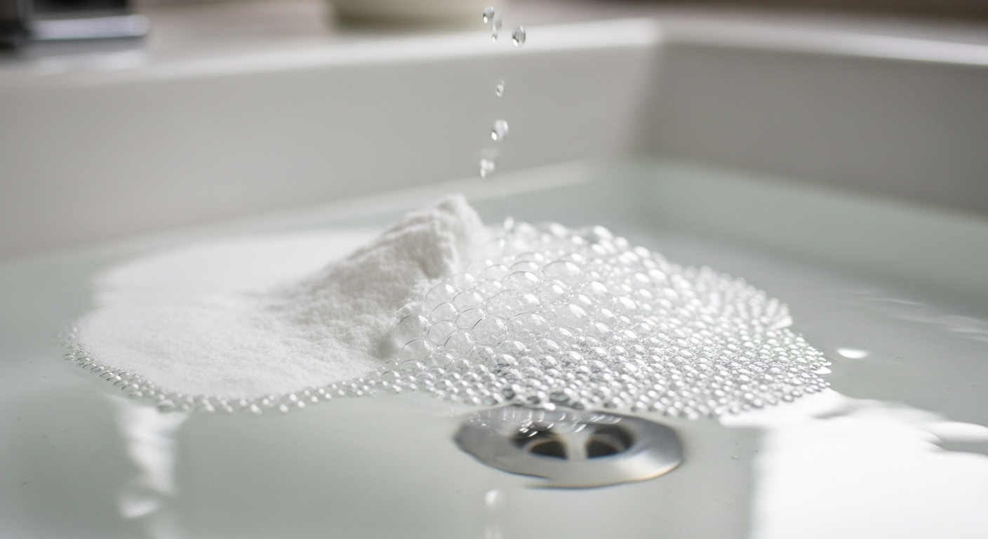 Cận cảnh phản ứng sủi bọt của baking soda và giấm trong bồn rửa sứ sáng bóng, minh họa cách làm sạch nhà tắm nhà vệ sinh tự nhiên và hiệu quả.