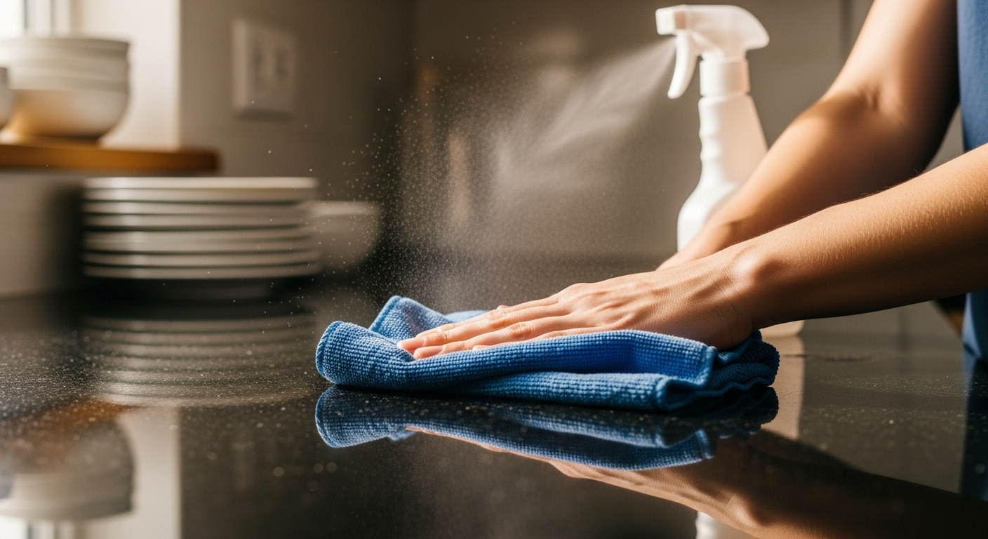 Tay đang lau nhanh bàn bếp sạch bóng với khăn microfiber và bình xịt, hoàn thành checklist vệ sinh hàng ngày để duy trì không gian bếp luôn tinh tươm.
