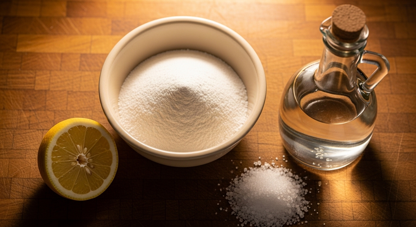 Bột baking soda, chanh cắt lát, giấm và muối thô sắp xếp gọn gàng trên bề mặt gỗ, những nguyên liệu tự nhiên thiết yếu cho mẹo vặt làm sạch bếp hiệu quả.