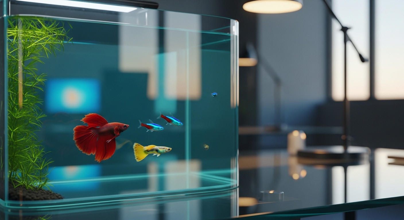 Bể cá mini nhiều màu sắc trên bàn làm việc hiện đại, minh họa cho bố trí bàn làm việc theo phong thủy.