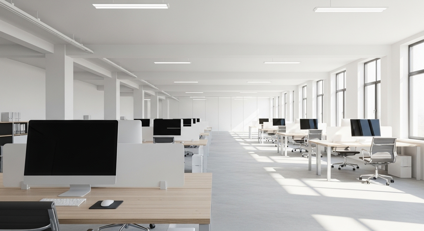 Ảnh chụp phòng làm việc hiện đại, tối giản với bàn sáng màu gọn gàng, không gian trống rộng rãi phía trước và ánh sáng tự nhiên. Minh họa bố trí phòng làm việc theo phong thủy giúp thu hút năng lượng tích cực và sự thông thoáng.