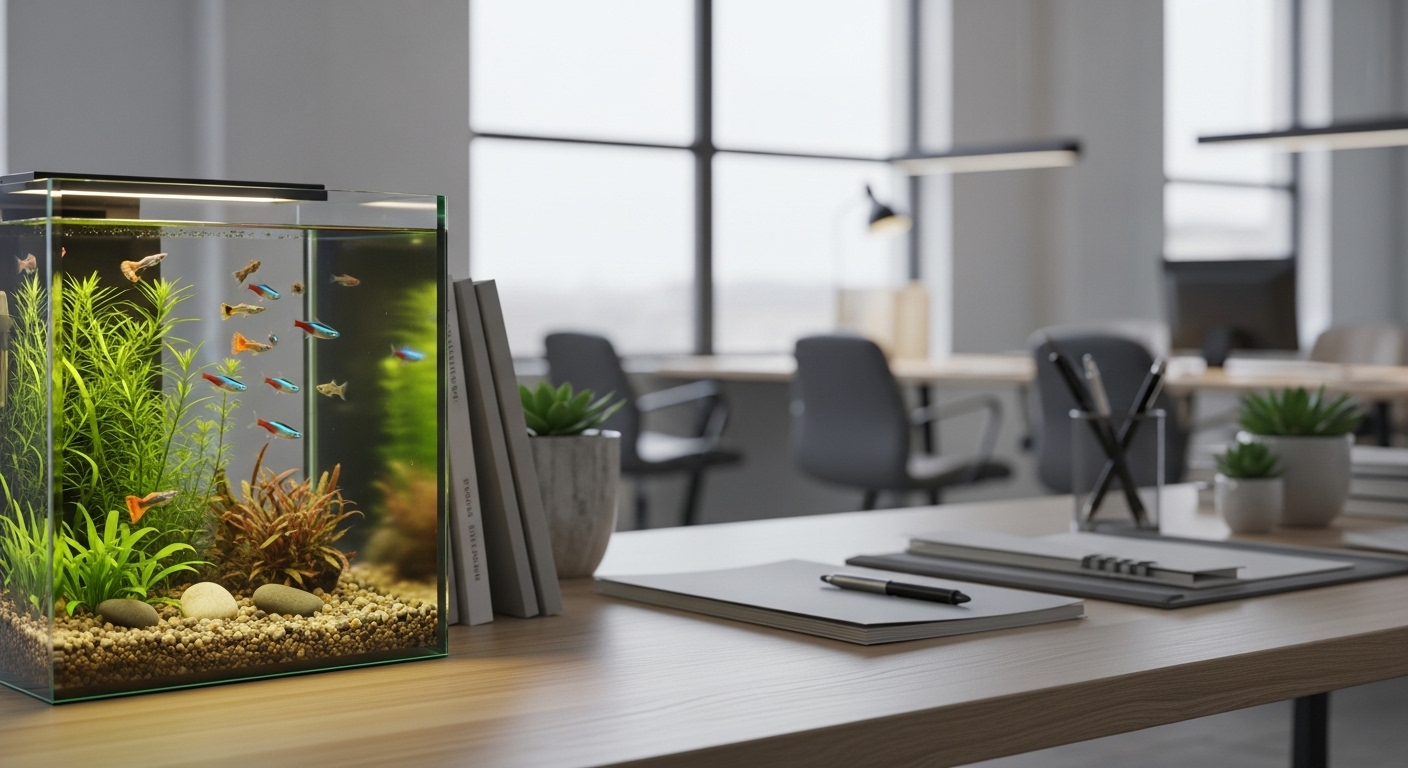 Bể cá cảnh mini đặt trên bàn làm việc gọn gàng, tạo điểm nhấn trong bố trí phong thủy phòng làm việc với cá bơi lội sinh động.
