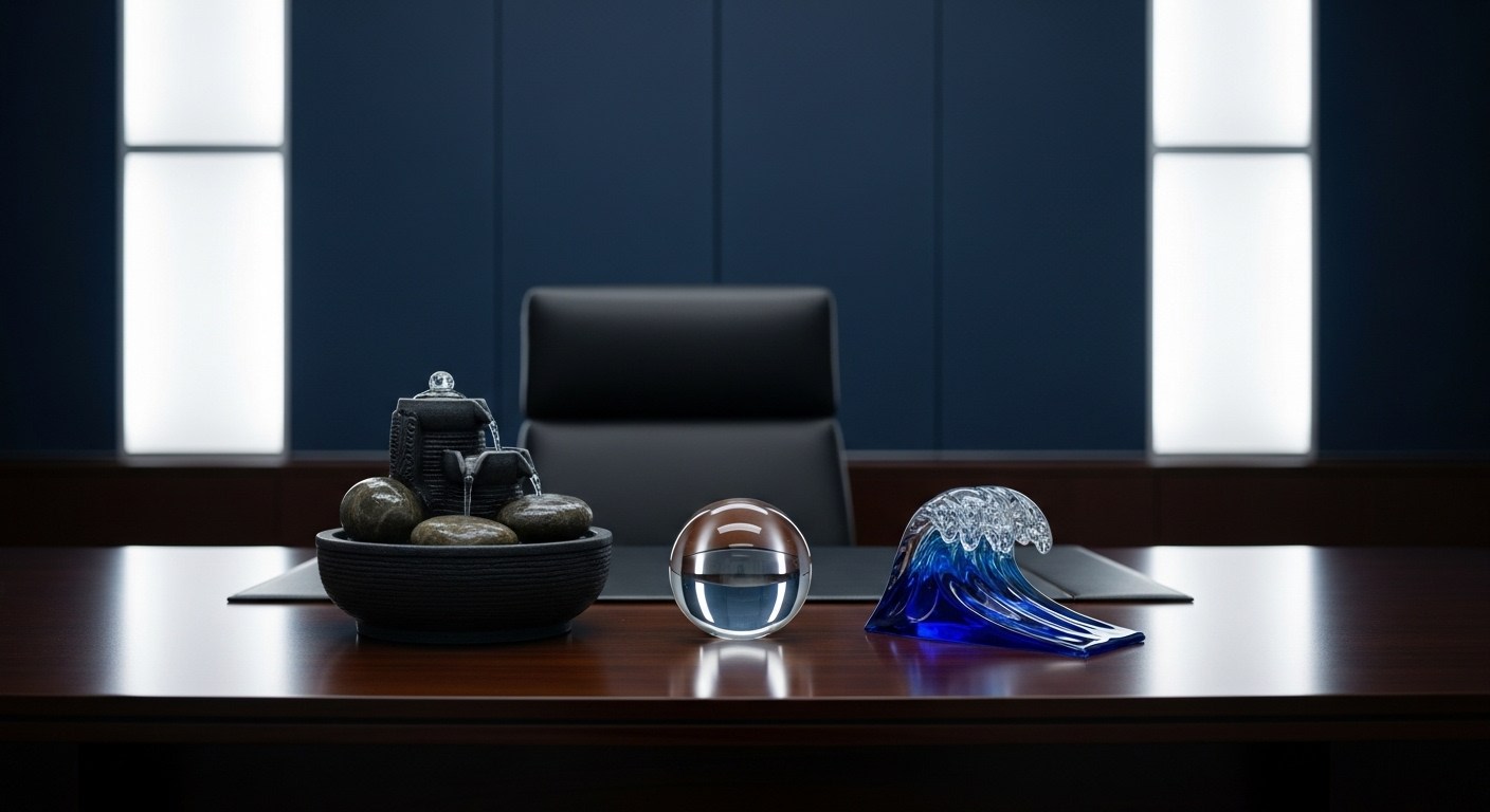 Bàn làm việc giám đốc bố trí theo phong thủy hành Thủy, nổi bật với đài phun nước mini, cầu pha lê và vật chặn giấy xanh trên bàn gỗ sẫm. Hình ảnh minh họa cách đặt bàn làm việc theo phong thủy để tạo không gian hài hòa và thịnh vượng.