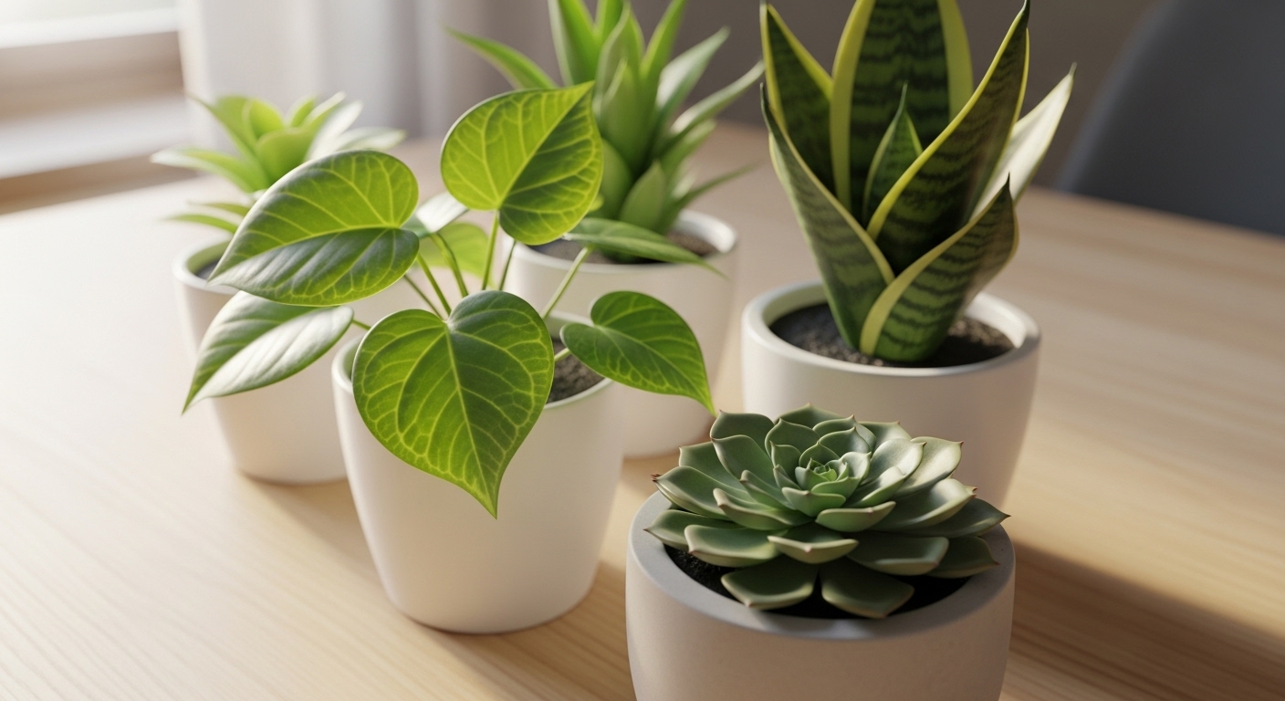 Cây cảnh mini xanh tươi trong chậu tối giản trên bàn gỗ sáng, tôn lên vẻ đẹp tự nhiên cho cách bố trí bàn làm việc văn phòng và tạo không gian thư thái.