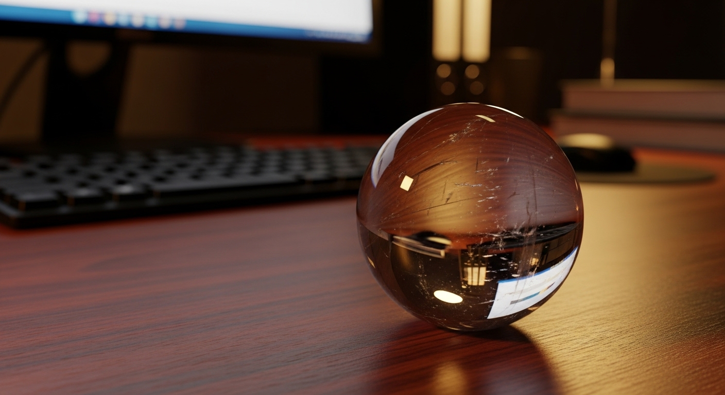 Quả cầu thạch anh trắng bóng loáng trên bàn làm việc gỗ vân, vật phẩm phong thủy văn phòng làm việc theo tuổi giúp thu hút năng lượng tích cực.