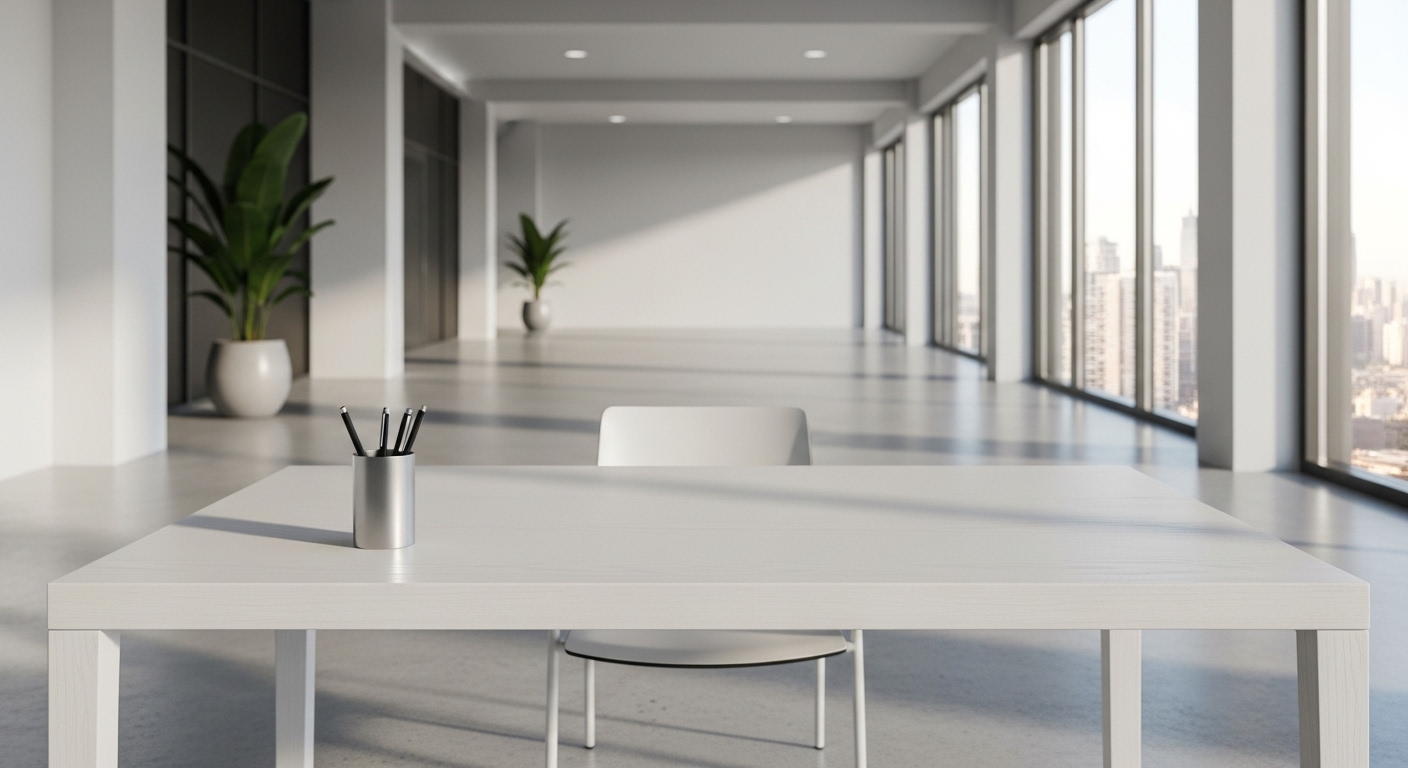 Bàn làm việc tối giản màu trắng trong văn phòng hiện đại với không gian mở, gọn gàng. Gợi ý cách bài trí bàn làm việc hợp phong thủy giúp tăng cường tập trung và hiệu quả.