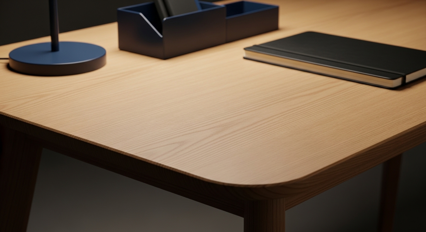 Bàn làm việc văn phòng gỗ sáng màu, góc bo tròn, với hộp bút xanh đậm và sổ đen, tuân thủ bảng màu Mệnh Thủy tinh tế, là lựa chọn lý tưởng cho phong thủy bàn làm việc văn phòng cho người tuổi Quý Hợi.