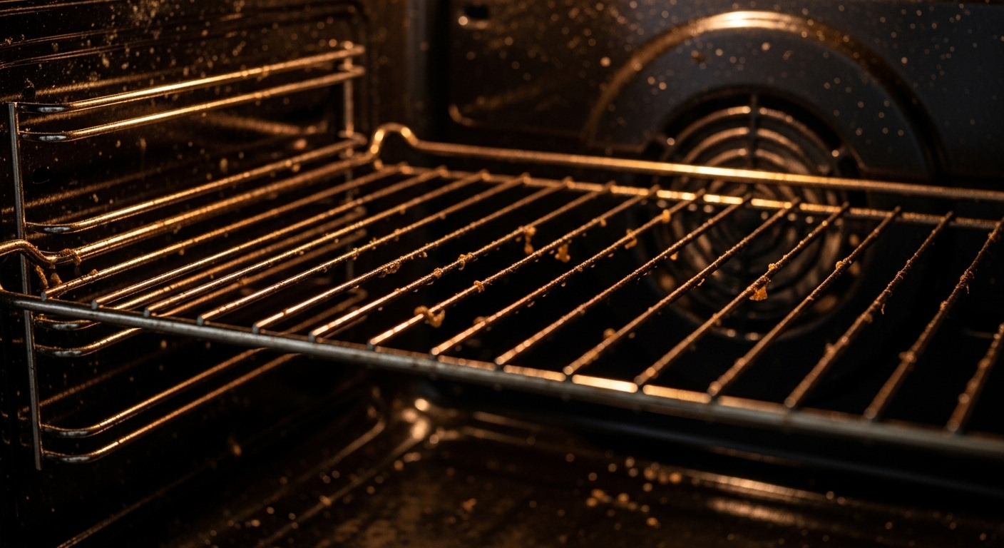 Cận cảnh bên trong lò nướng bẩn, với mảng bám thức ăn cháy và dầu mỡ khô cứng đầu trên thành lò và vỉ nướng, minh họa rõ nhu cầu vệ sinh lò nướng.