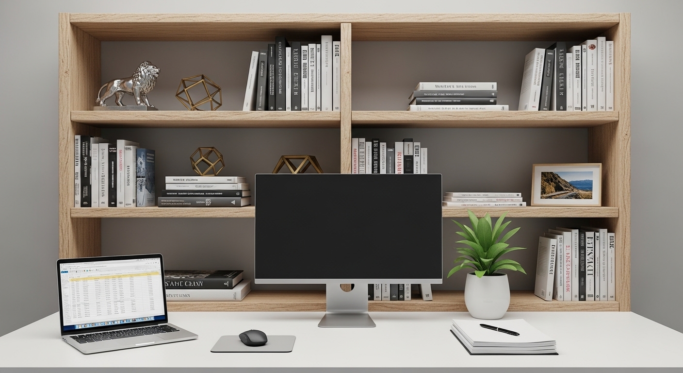 Bàn làm việc chuyên nghiệp, tối giản với kệ sách gỗ phía sau, tạo không gian lý tưởng khi cân nhắc hướng đặt bàn làm việc theo tuổi.