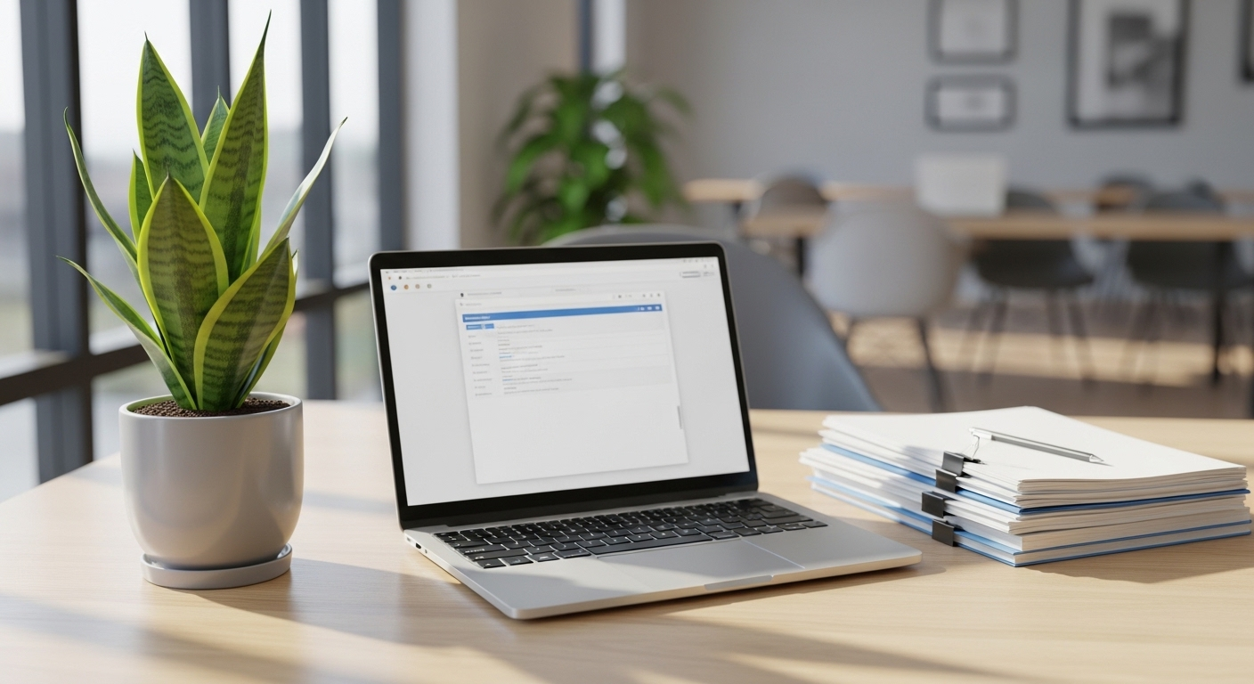 Bàn làm việc hiện đại, gọn gàng với cây lưỡi hổ, laptop và tài liệu, tối ưu cho phong thủy phòng làm việc.