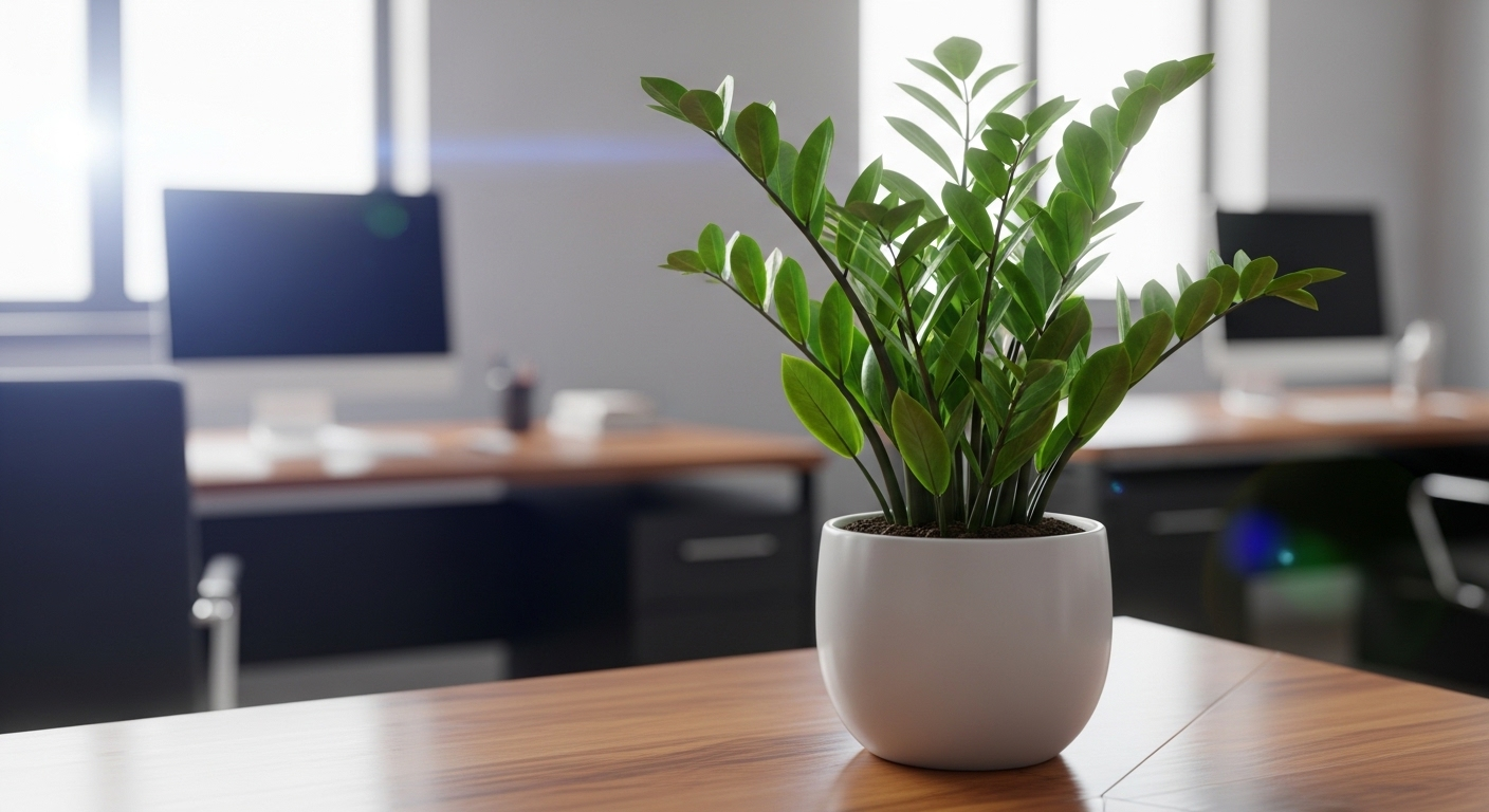 Cây Kim Tiền xanh mướt trong chậu gốm tối giản, đặt trên bàn làm việc gỗ bóng loáng. Là lựa chọn phong thủy lý tưởng, giúp tối ưu không gian khi sắp xếp hướng bàn làm việc theo tuổi.