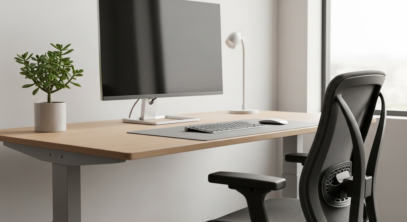 Bàn làm việc công thái học hiện đại với mặt bàn gỗ sáng, màn hình ngang tầm mắt, ghế hỗ trợ lưng và cây mọng nước. Một ví dụ về cách bố trí phòng làm việc tại cơ quan phong thủy hiệu quả và tiện nghi. Bàn làm việc công thái học hiện đại với mặt bàn gỗ sáng, màn hình ngang tầm mắt, ghế hỗ trợ lưng và cây mọng nước. Một ví dụ về cách bố trí phòng làm việc tại cơ quan phong thủy hiệu quả và tiện nghi.