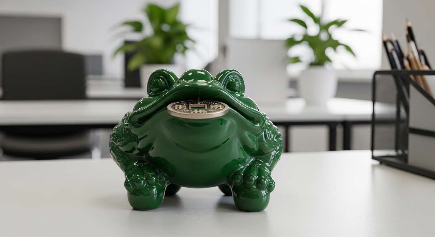 Thiềm Thừ gốm sứ xanh đậm ba chân ngậm đồng xu, đặt trên bàn làm việc gọn gàng. Đây là vật phẩm phong thủy để bàn làm việc mang lại tài lộc.