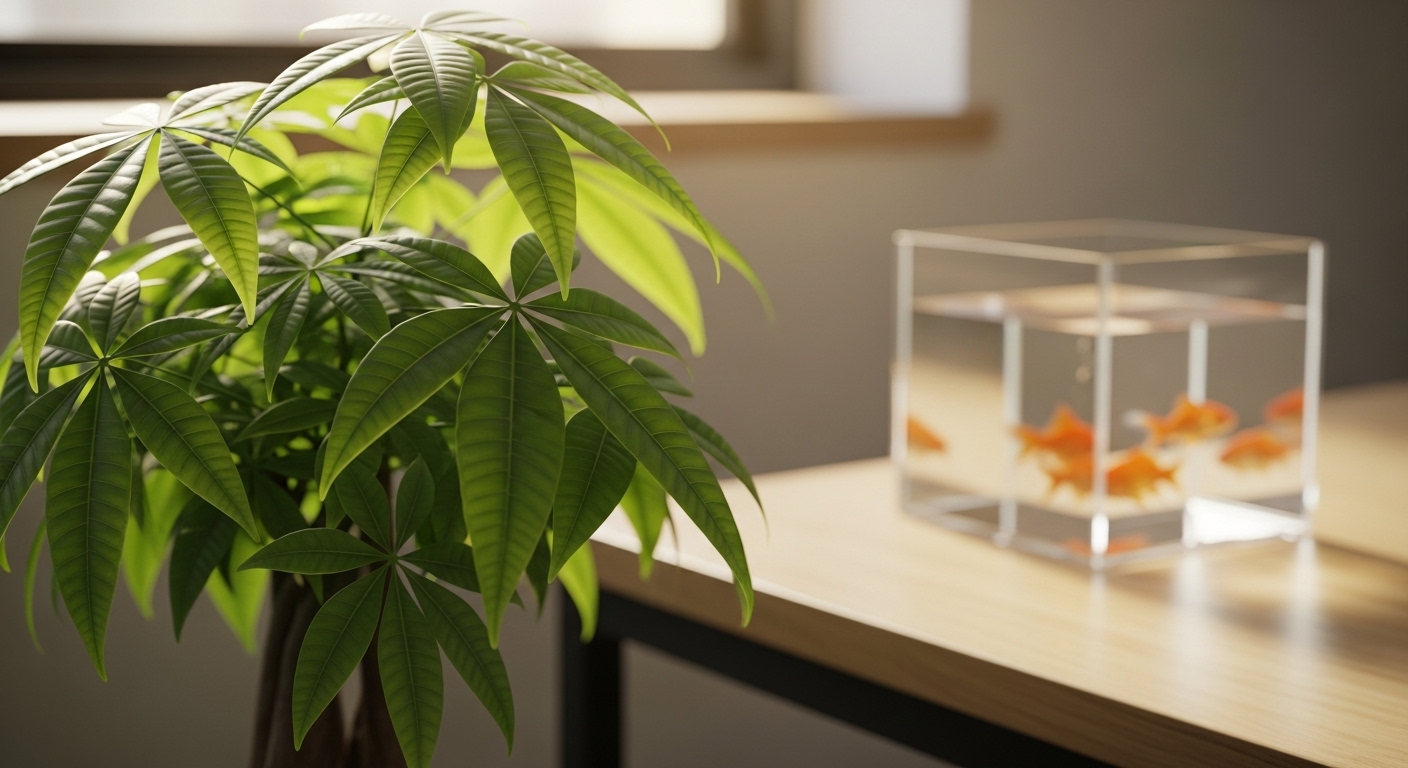 Cây kim tiền xanh tươi trên bàn giám đốc gỗ sáng, cùng bể cá vàng mini phía sau, thể hiện bố trí bàn làm việc giám đốc theo phong thủy để thu hút tài lộc.