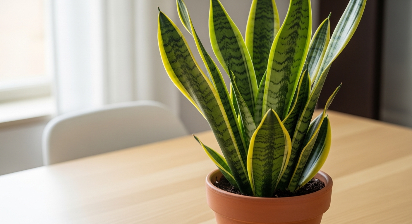 Cận cảnh cây Lưỡi Hổ lá xanh viền vàng trong chậu đất nung trên bàn làm việc sáng màu, lý tưởng cho Phong thủy bàn làm việc người mệnh Thổ.