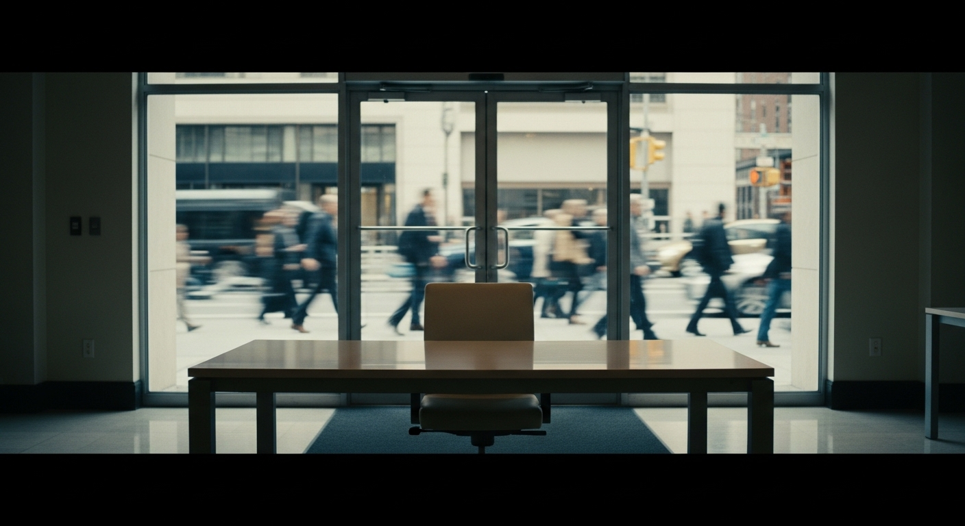 Bàn làm việc trống hiện đại, màu sáng, đặt quay lưng ra cửa kính lớn nhìn ra khu vực văn phòng đông người. Đây là vị trí cần cân nhắc khi chọn chỗ ngồi làm việc theo phong thủy.