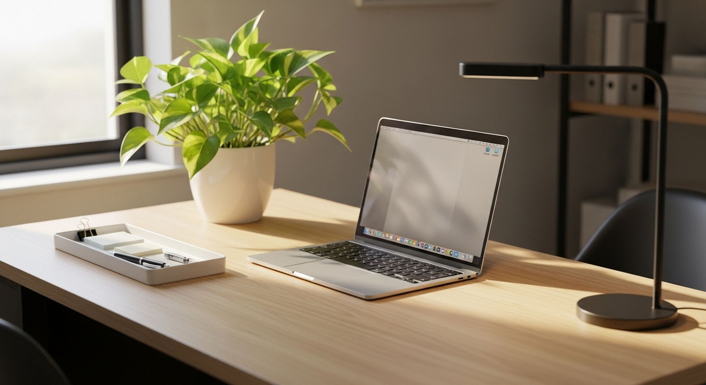 Bàn làm việc gỗ sáng, gọn gàng với cây trầu bà xanh tươi, laptop và ánh sáng tự nhiên. Bố cục hài hòa này gợi ý cách sắp xếp hợp lý, giúp tránh các kiêng kỵ khi bố trí bàn làm việc theo phong thủy.