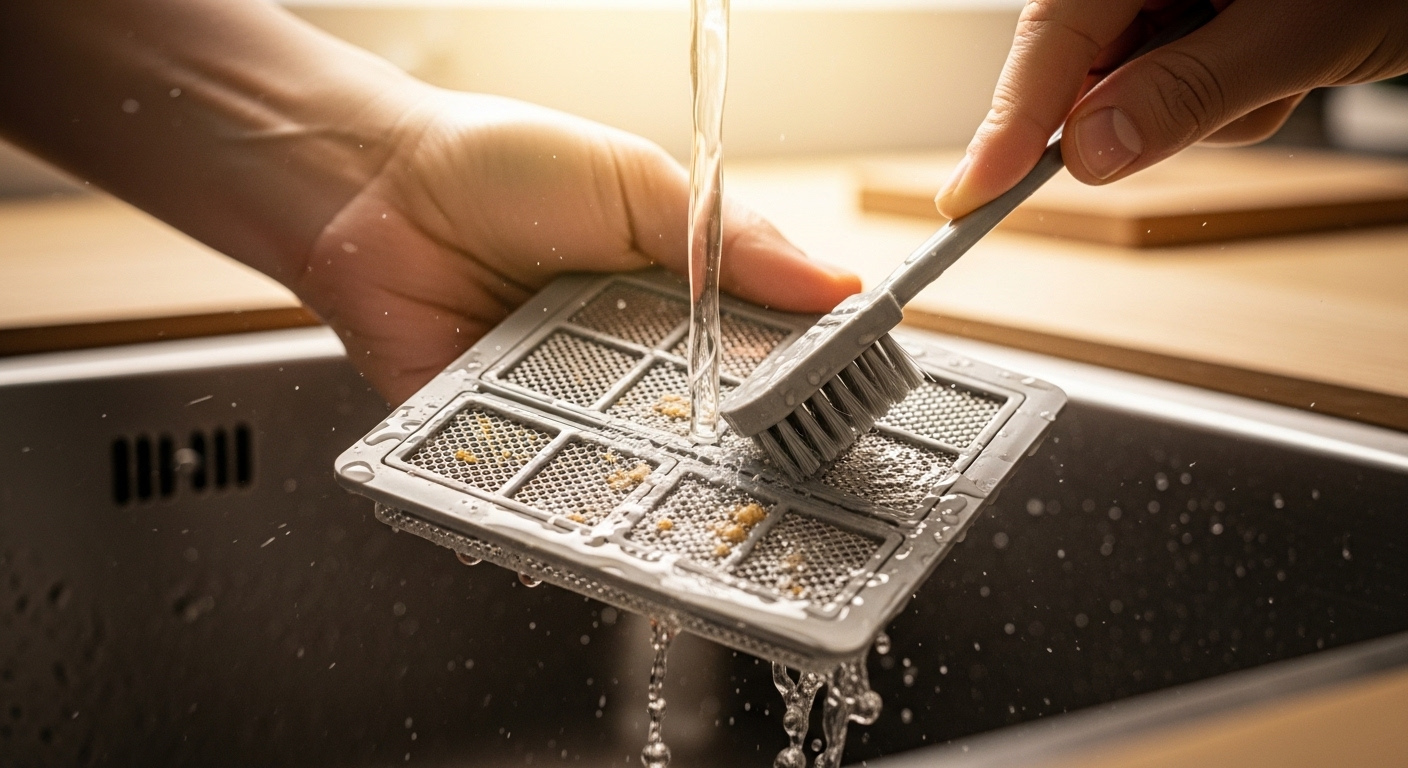 Cận cảnh bàn tay dùng cọ nhỏ làm sạch lưới lọc máy rửa chén dưới vòi nước trong bồn rửa, loại bỏ cặn bẩn để đảm bảo vệ sinh máy rửa chén tối ưu.
