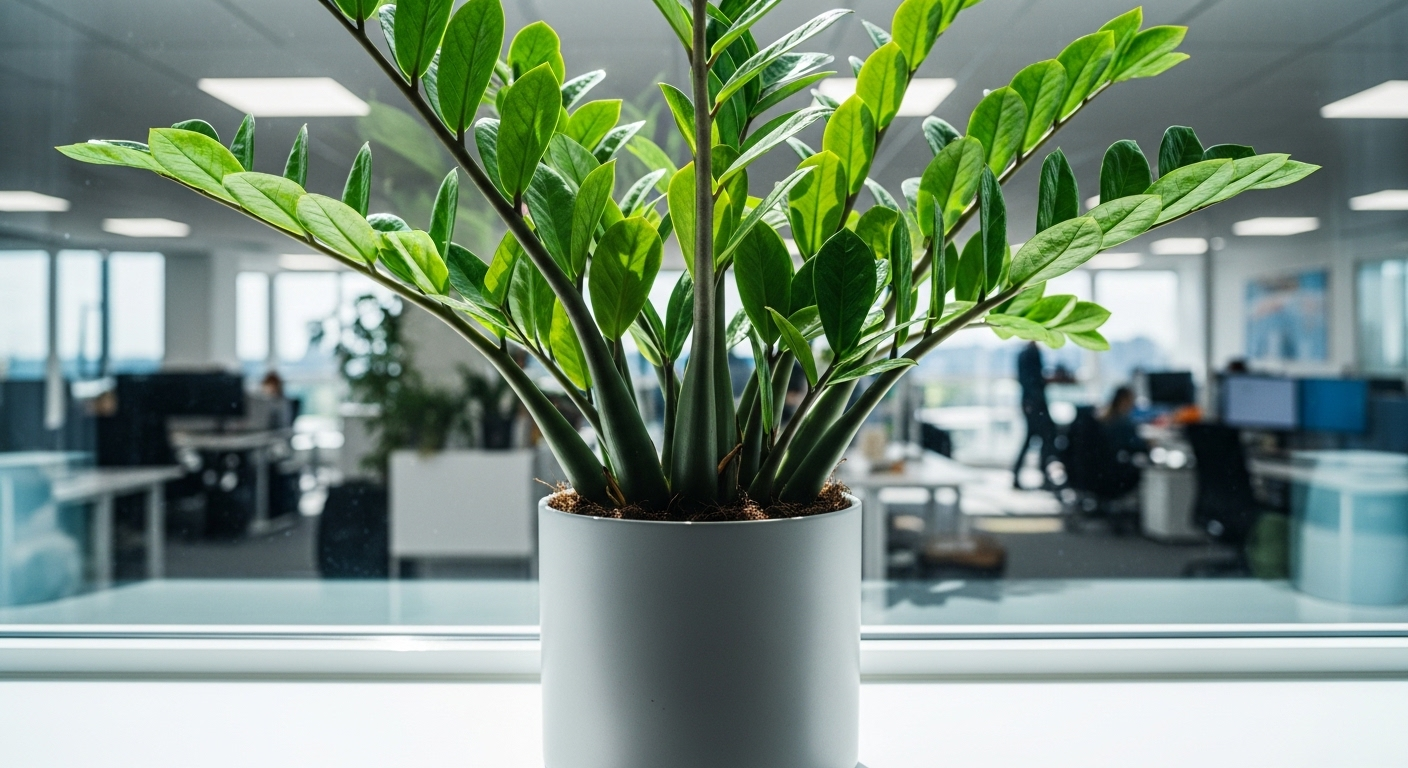 Cận cảnh cây kim tiền lá xanh bóng trên bệ cửa sổ, vật phẩm phong thủy văn phòng lý tưởng.