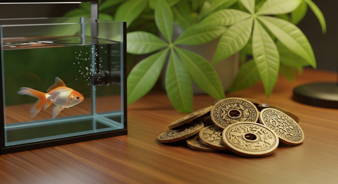 Cận cảnh bàn làm việc gỗ được bài trí bể cá mini cá vàng, đồng tiền cổ và cây kim tiền. Đây là một cách bài trí bàn làm việc theo phong thủy mang lại sự bình yên và tài lộc.