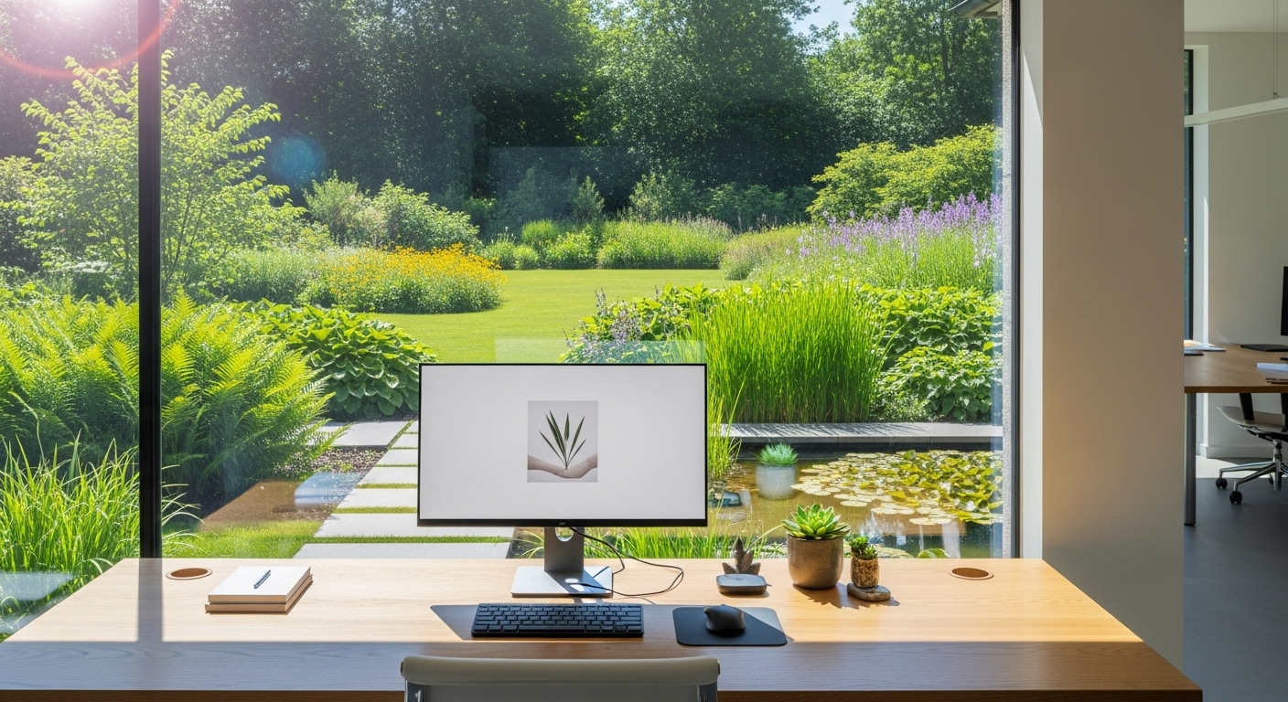 Bàn làm việc hiện đại, gọn gàng hướng ra vườn cây xanh mướt qua cửa sổ lớn – thiết kế tối ưu cho phong thủy bàn làm việc.