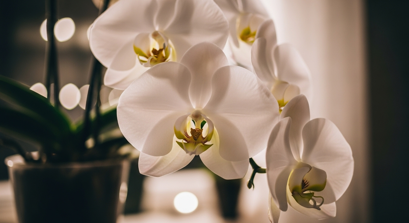 Cận cảnh lan Hồ Điệp trắng rực rỡ trong chậu thủy tinh, biểu tượng của sự thanh lịch và là cây phong thủy mang lại vận may 2026.