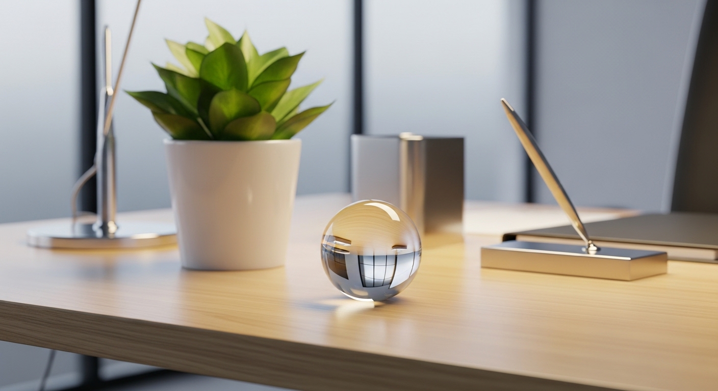 Bàn làm việc gỗ sáng gọn gàng, bố cục hướng ngồi làm việc thư thái với quả cầu pha lê, chậu cây xanh và ống bút bạc.