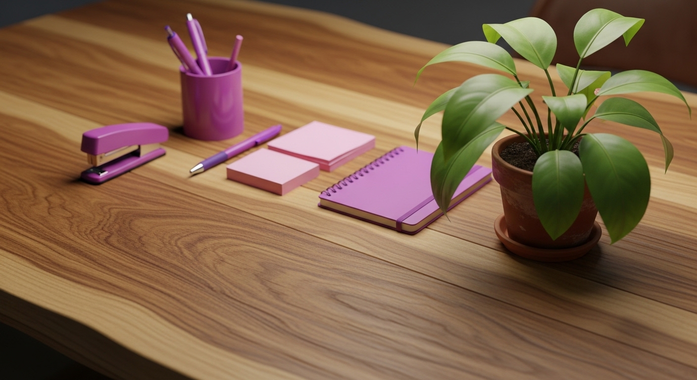 Cận cảnh phong thủy bàn làm việc văn phòng tuổi Ất Hợi với bàn gỗ tự nhiên vân nổi bật, đồ dùng văn phòng hồng tím và cây xanh tươi mát trong chậu đất nung.