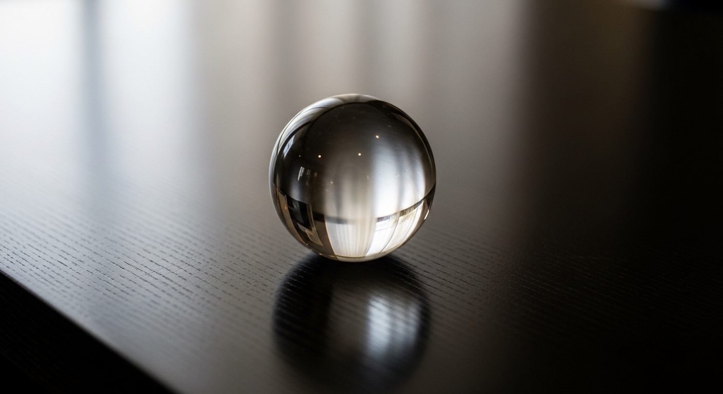 Quả cầu thạch anh trong suốt, vật phẩm phong thủy trên mặt bàn làm việc đen bóng, phản chiếu ánh sáng nhẹ.