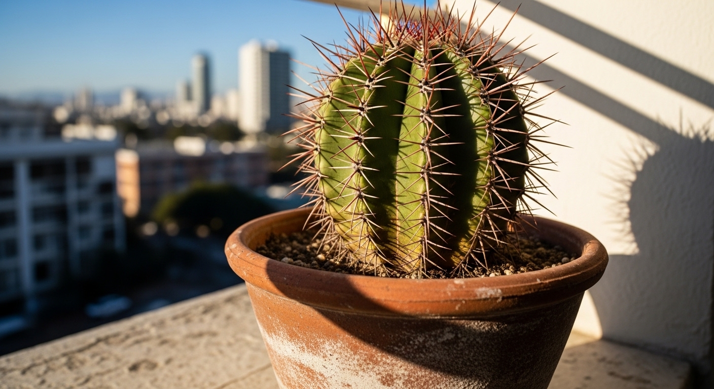 Cây xương rồng thùng xanh lá cây gai nhọn trong chậu đất nung đặt trên ban công ngập nắng với hậu cảnh thành phố mờ ảo. Đây là ví dụ điển hình của cây không nên trồng trong nhà do gai sắc và yêu cầu ánh sáng mạnh.