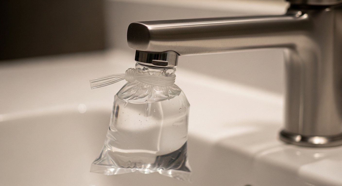 Cận cảnh đầu vòi nước inox đang được ngâm trong túi dung dịch trong suốt, một phương pháp hiệu quả để tẩy cặn canxi trên vòi nước. Cận cảnh đầu vòi nước inox đang được ngâm trong túi dung dịch trong suốt, một phương pháp hiệu quả để tẩy cặn canxi trên vòi nước.