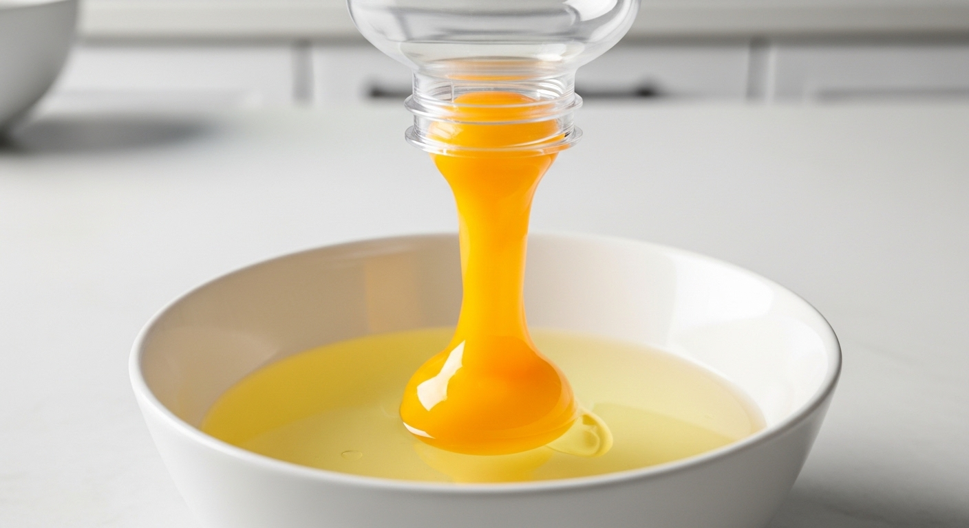 Chai nhựa hút nhẹ nhàng lòng đỏ trứng vàng tươi khỏi lòng trắng trên bàn bếp sạch.