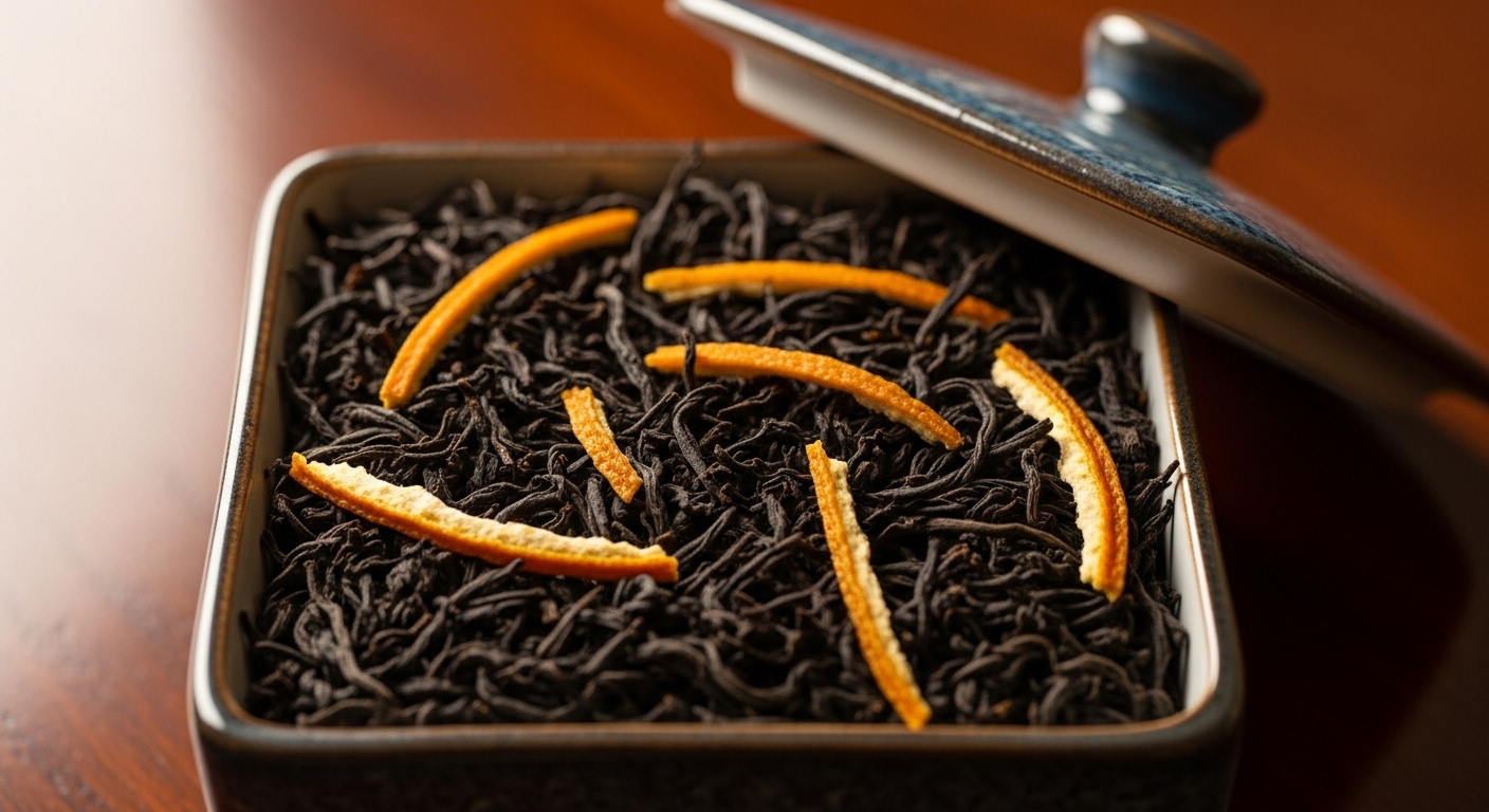 Ảnh cận lá trà đen và vỏ cam khô trong hộp gốm, gợi ý mẹo vặt cho người nội trợ về pha chế hoặc bảo quản trà.