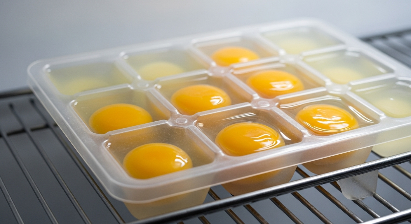 Trứng sống đập riêng từng quả vào khay đá, đặt trên kệ tủ đông. Rõ lòng đỏ vàng và lòng trắng trong suốt, sẵn sàng bảo quản đông lạnh.