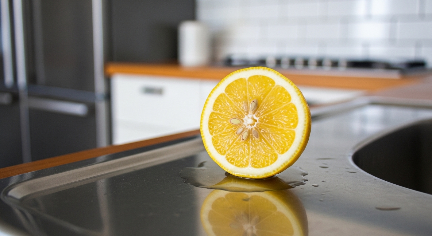 Lát chanh tươi trên bồn rửa inox sáng bóng, minh họa mẹo vặt nhà bếp làm sạch tự nhiên.