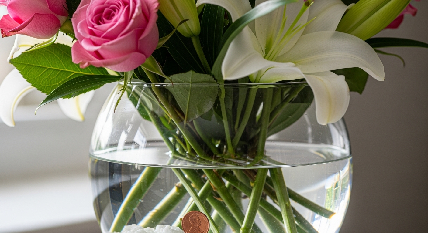 Bình hoa thủy tinh trong suốt với hoa hồng hồng và hoa ly trắng tươi tắn, có đồng xu và hạt đường dưới đáy nước - một mẹo vặt hữu ích giúp hoa tươi lâu.