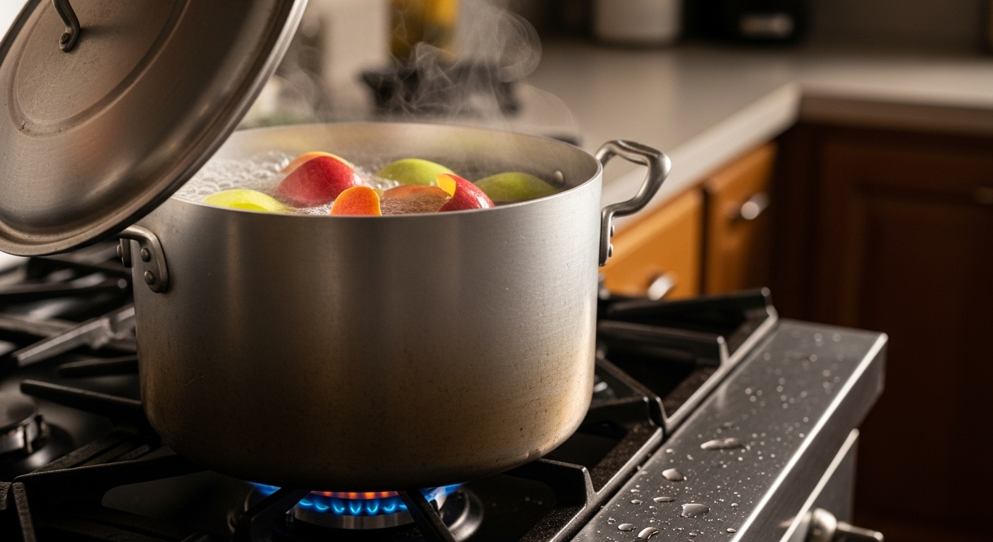 Nồi nhôm đang đun vỏ táo và nước trên bếp, minh họa mẹo vặt nhà bếp hiệu quả làm sạch và giúp nồi sáng bóng trở lại.
