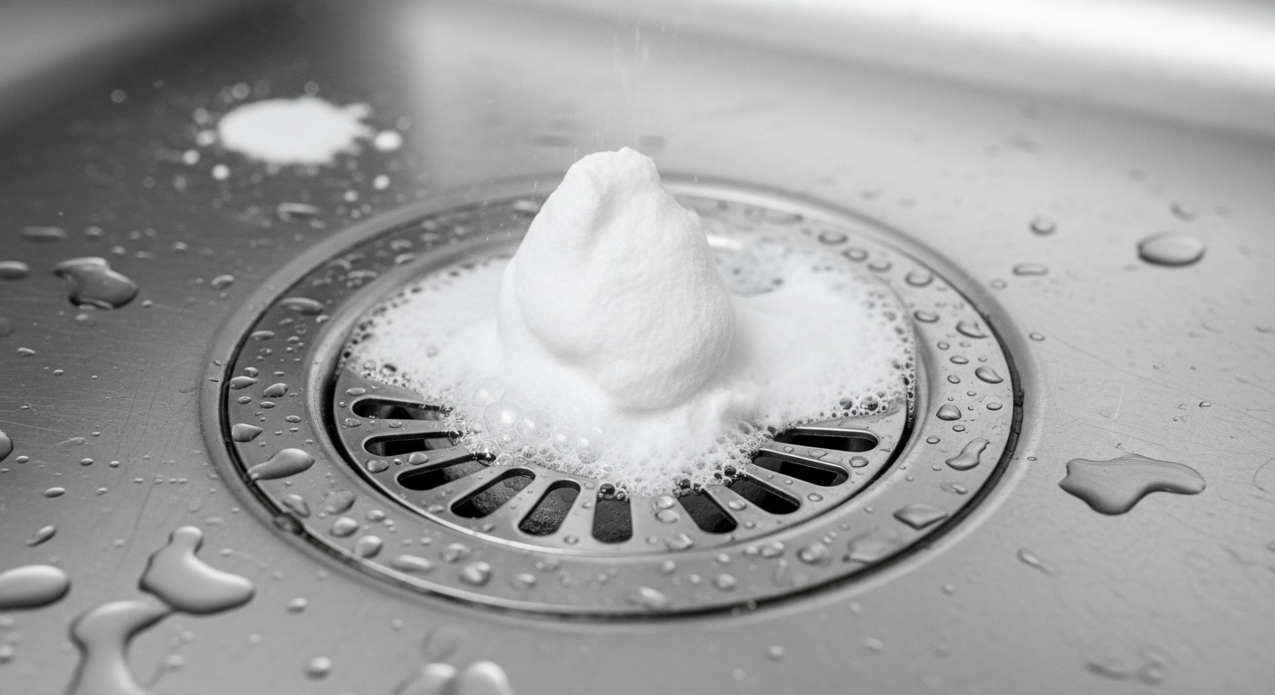 Baking soda và giấm sủi bọt trong lỗ thoát nước bồn rửa chén thép không gỉ sáng bóng, minh họa mẹo vặt tiết kiệm tiền khi vệ sinh nhà bếp.