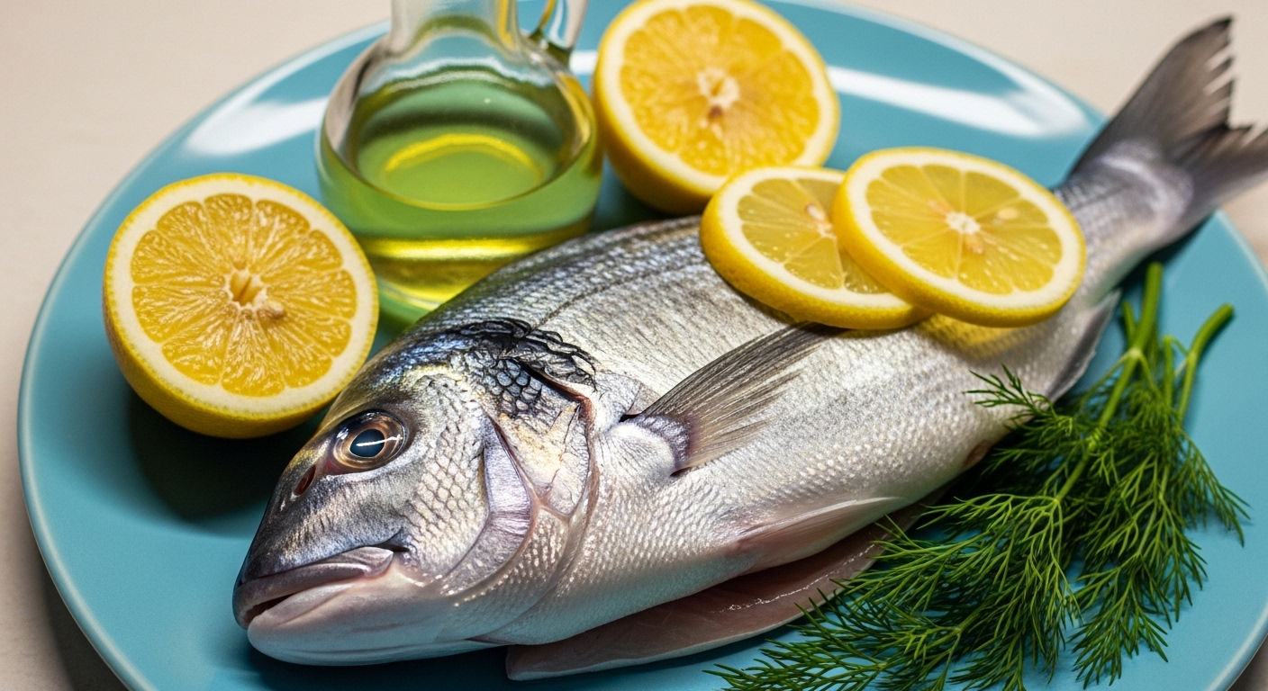 Cận cảnh cá tươi nguyên con, chanh vàng, giấm và thì là trên đĩa sứ xanh nhạt, sẵn sàng cho những mẹo vặt nhà bếp chế biến món ngon.