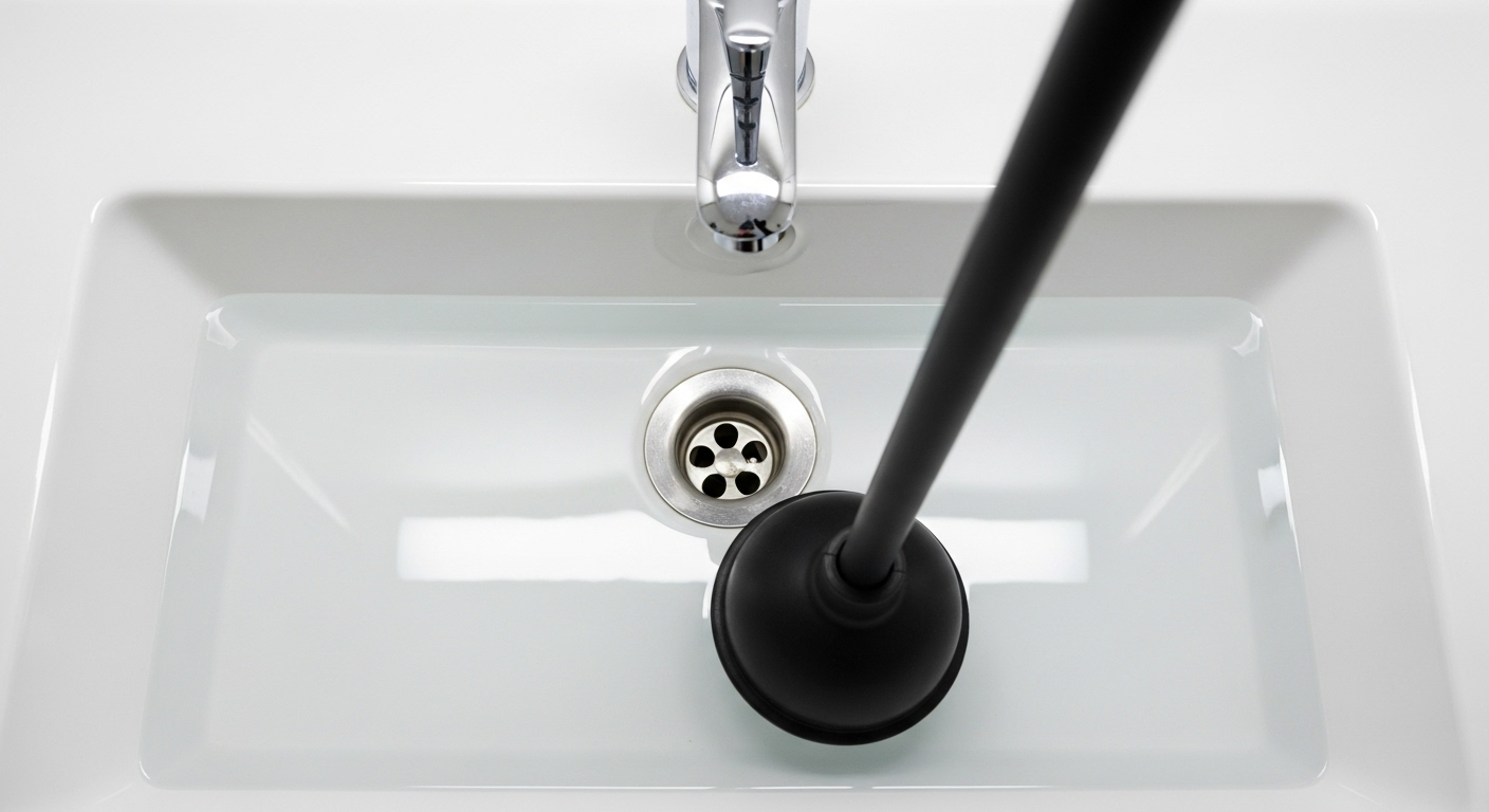 Pittông đen đang thông tắc cống chậu rửa mặt với nước trong bồn, minh họa Cách thông cống nghẹt hiệu quả tại nhà.