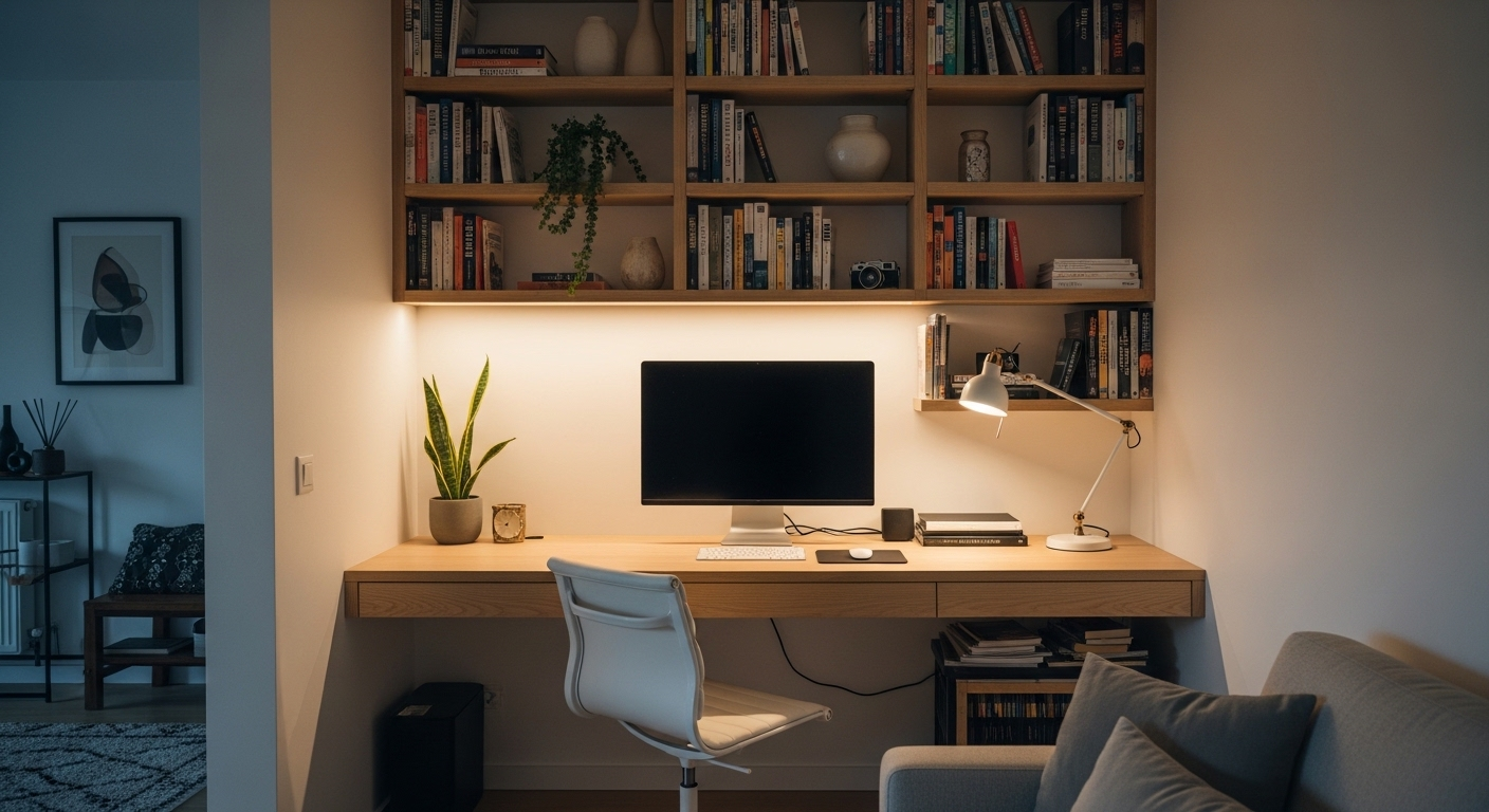 Một góc văn phòng tại nhà nhỏ gọn, đa năng với bàn làm việc tùy chỉnh, kệ sách tích hợp tối ưu lưu trữ dọc, trưng bày sách và vật trang trí ngăn nắp. Tôi không thể thực hiện phân tích SEO và xác định từ khóa vì nội dung bài viết chưa được cung cấp. Vui lòng cung cấp nội dung bài viết để tôi có thể phân tích chính xác.