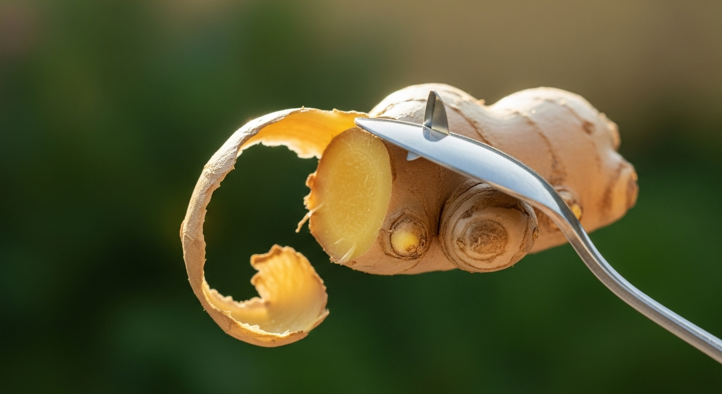 Củ gừng tươi đang được cạo vỏ nhẹ nhàng bằng thìa, với lớp vỏ mỏng cuộn đi – một mẹo vặt nhà bếp hữu ích.