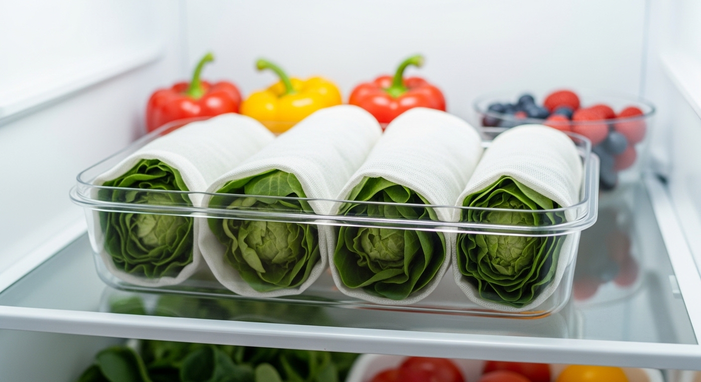Rau xanh tươi được gói trong khăn cotton trắng, xếp gọn gàng trong hộp nhựa trên kệ tủ lạnh, một mẹo vặt nhà bếp giúp bảo quản thực phẩm tươi lâu hiệu quả.