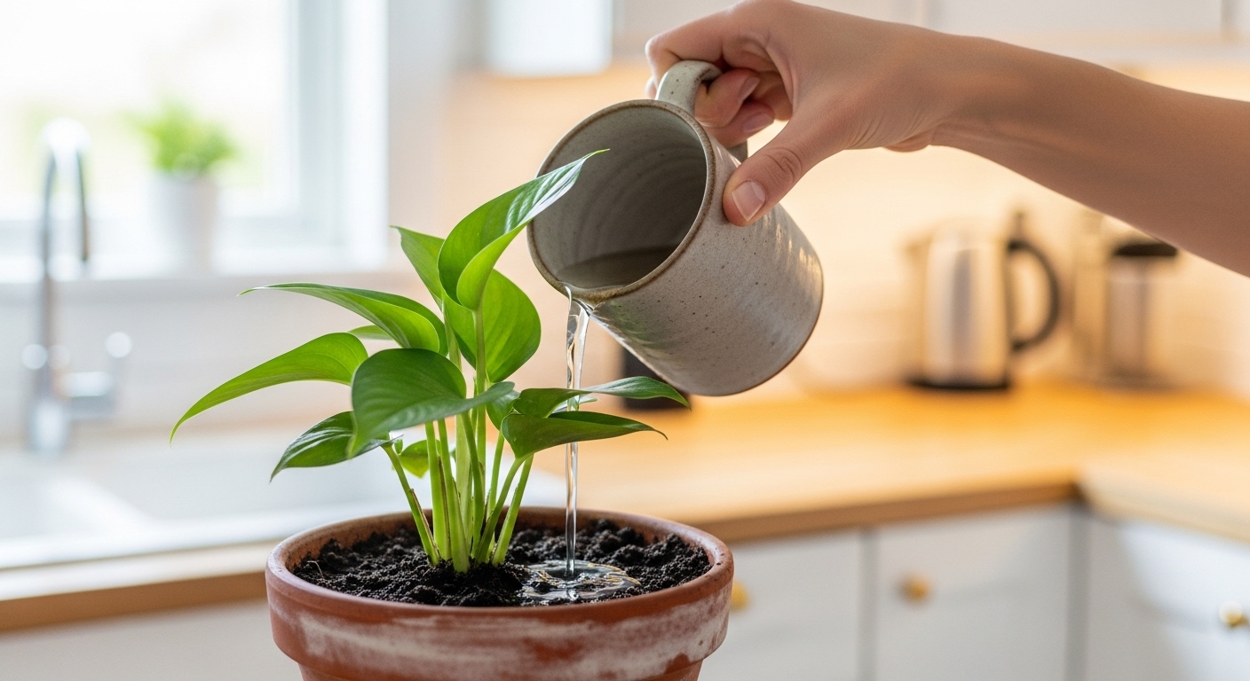 Tay nhẹ nhàng đổ nước vo gạo từ cốc sứ vào cây cảnh xanh tốt trong chậu đất nung, minh họa mẹo vặt nhà bếp đơn giản giúp cây phát triển khỏe mạnh trên nền bếp sáng.