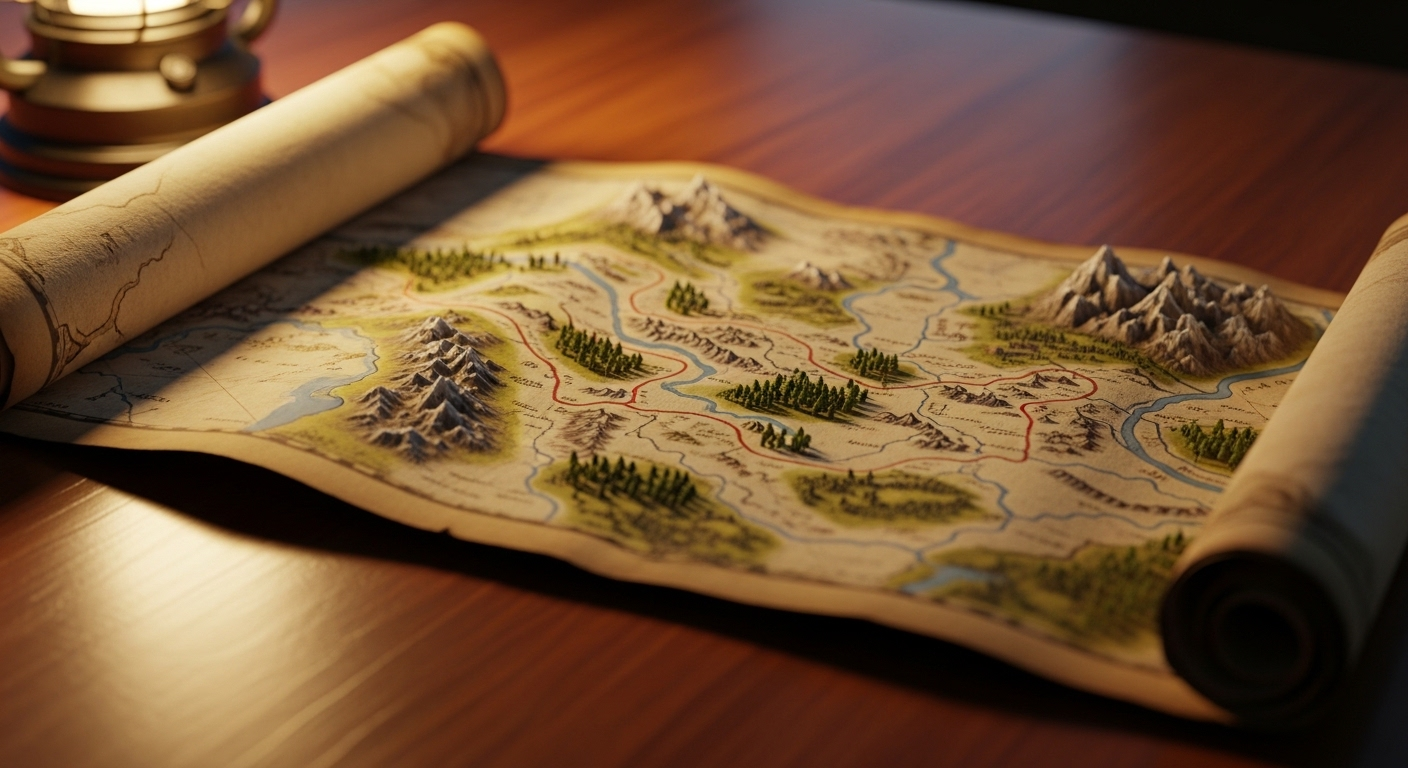 Bản đồ giấy da cổ mở, hiển thị lộ trình quanh co qua phong cảnh chi tiết, được chiếu sáng ấm áp trên bề mặt gỗ tối. Xin lỗi, đây là bản đồ chỉ dẫn quan trọng.