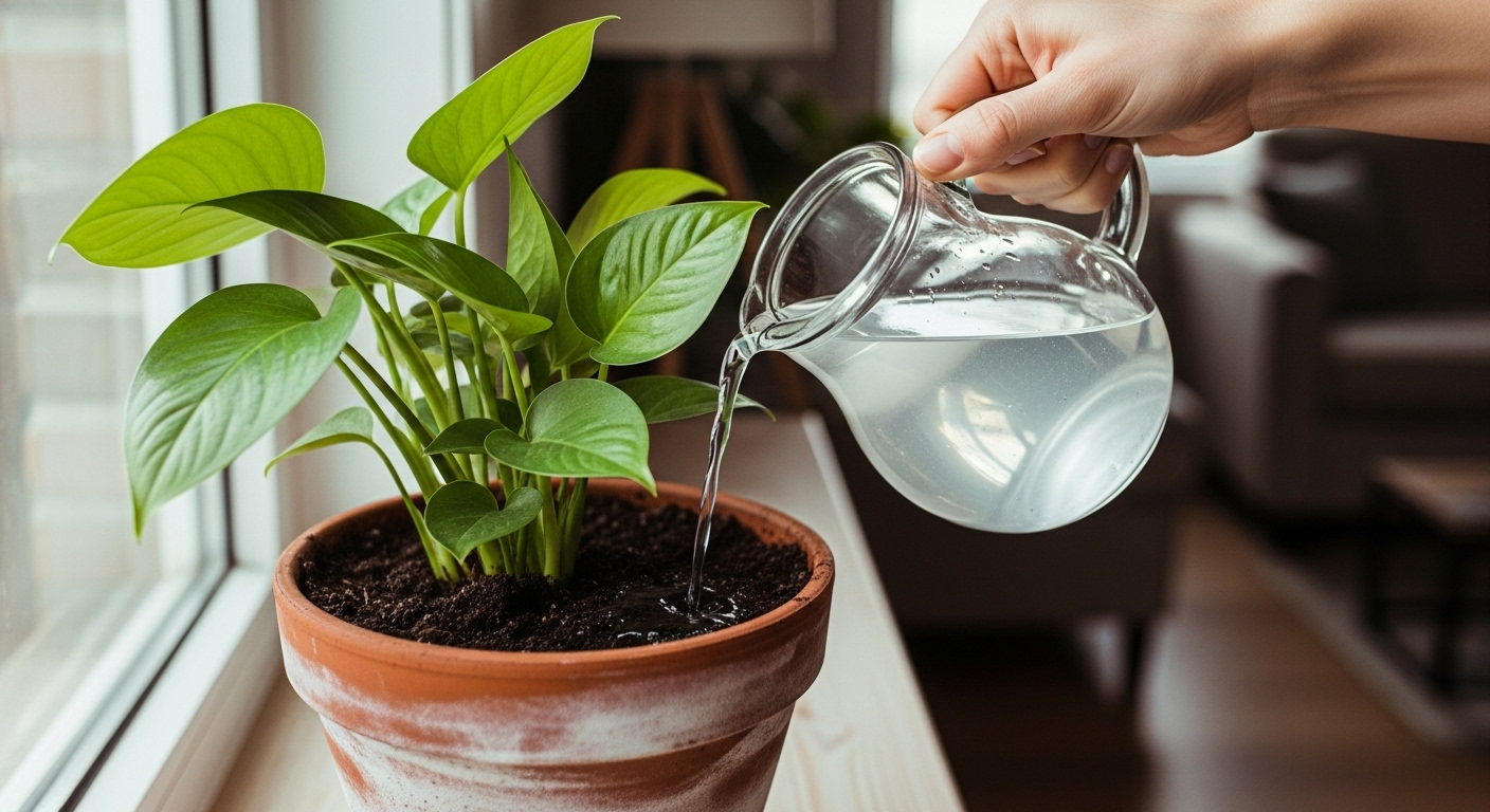 Cây xanh trên bệ cửa sổ được bàn tay tưới nước vo gạo, áp dụng mẹo vặt nhà bếp để cây phát triển khỏe mạnh.