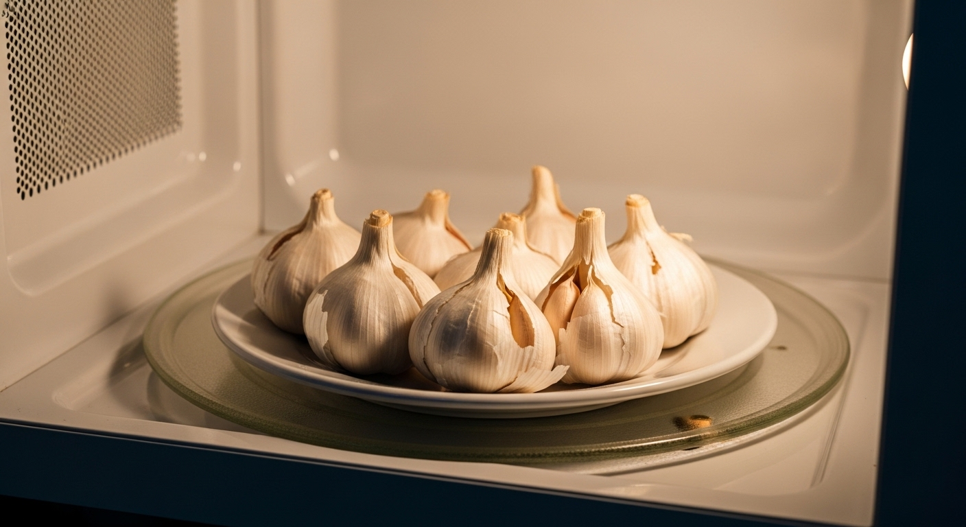 Tép tỏi với vỏ đã bong trên đĩa trắng, đặt trong lò vi sóng mở, minh họa mẹo vặt nhà bếp giúp bóc tỏi dễ dàng.