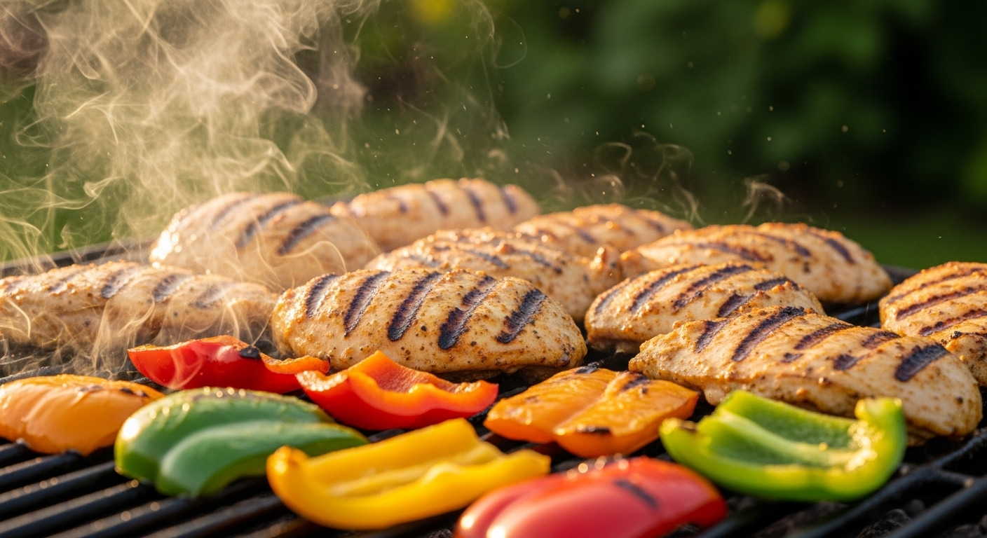 Thịt gà ướp và ớt chuông nhiều màu đang nướng trên bếp ngoài trời, với những vết nướng hấp dẫn. Khói nhẹ bay lên trong ánh nắng hoàng hôn. Món nướng hoàn hảo nhờ áp dụng các mẹo vặt nhà bếp.